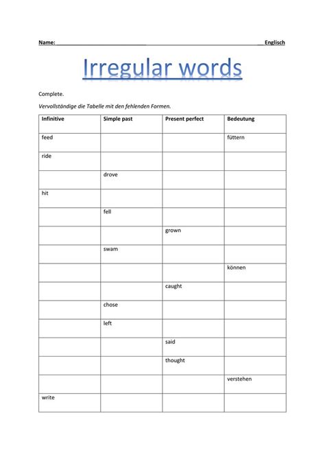 irregular words übungen.